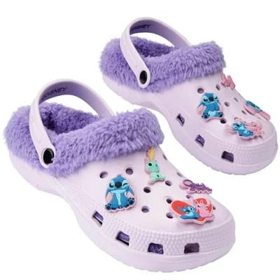 Image of Disney Stitch Winter Clogs Fleece Lining &amp; Removable Charms, Kids Garden Shoes Slip On with Strap (Purple Stitch, 1/2 UK)