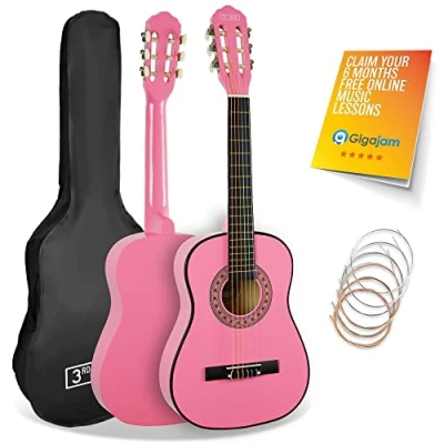 Image of 3rd Avenue 1/2 Size Kids Classical Guitar Spanish Nylon String Beginner Pack Bundle 6 Months FREE Lessons, Bag, Strings Pink