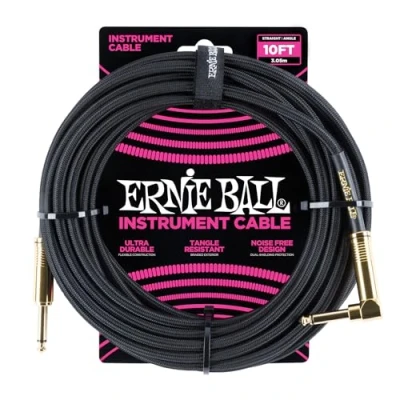 Image of Ernie Ball 10 ft Braided Straight Angle Instrument Cable Black