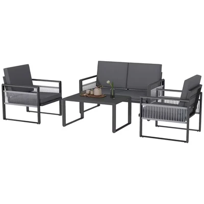 Image of Outsunny 4 Pieces Aluminium Garden Furniture Set with Cushions, Patio Slatted Top Coffee Table, Sofa Rope Decoration Weave Armchairs, Black