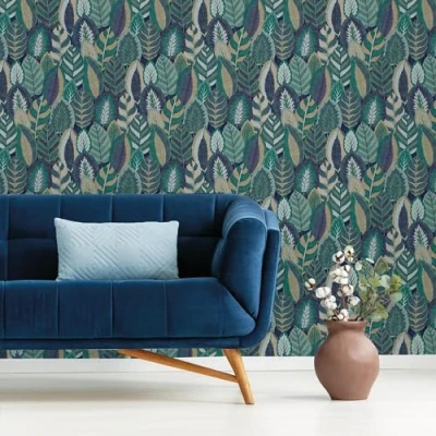 Image of Sublime Arty Leaves Blue Wallpaper Blue/Teal Paste The Wall Contemporary Retro Textured Vinyl Design Feature or 4 Suitable for Any Room