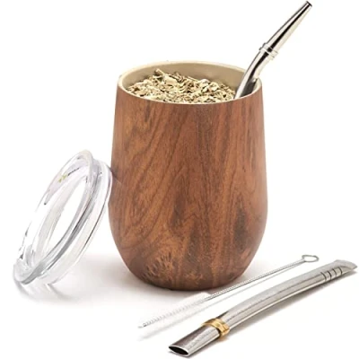 Image of balibetov Modern Mate Cup and Bombilla Set (Yerba Cup) Yerba Includes Double Walled 18/8 Stainless Steel Tea Cup, Two (Straw) a Cleaning Brush (Wood, 355 ml)