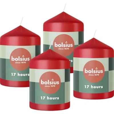 Image of Bolsius Pillar Candles Red 4 Pack 8 x 6 cm Decorative Household Long Burning Time of 17 Hours Unscented Includes Natural Vegan Wax Without Palm Oil Valentine