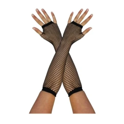 Image of Ladies Fishnet Gloves Long Black Fingerless Mesh 80s Popstar Icon Neon Rave Roller Disco Fancy Dress Accessory
