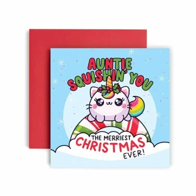 Image of Huxters Christmas card for Auntie Caticorn Squishin&#039; a Merry cute xmas 14.8cm (Caticorn Auntie)