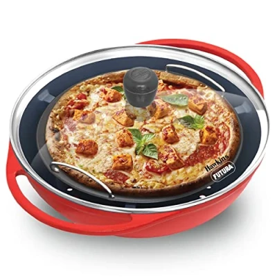 Image of HAWKINS Diecast 30 cm Nonstick Pizza Maker and Cake Baker with Glass Lid, Gas Oven, Oven Toaster Griller Tandoor Barbecue, Baking Pan, Red (PIZZA)