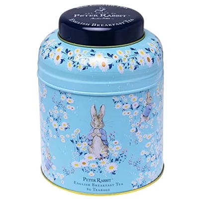 Image of New English Teas Peter Rabbit Daisies Round Tea Caddy with 80 Breakfast Teabags