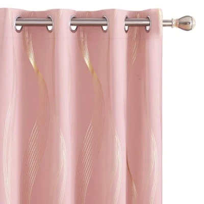 Image of Deconovo Blackout Eyelet Curtains Thermal Insulated Gold Wave Line Foil Printed for Bedroom 46x72 Inch Coral Pink 2 Panels