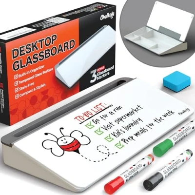 Image of Chalkola Glass Desktop Whiteboard with Storage Dry Erase Board, Work Desk Organizers, Computer Keyboard Stand, Home Office Accessories, Small White Workspace Buddy + 3 Markers