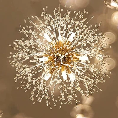 Image of CAI HAI Modern Crystal Chandelier, 8 Light Golden Dandelion Artificial Satellite Chandelier Ceiling Fixture Fireworks Hanging for Dining Room, Kitchen, Living Bedroom