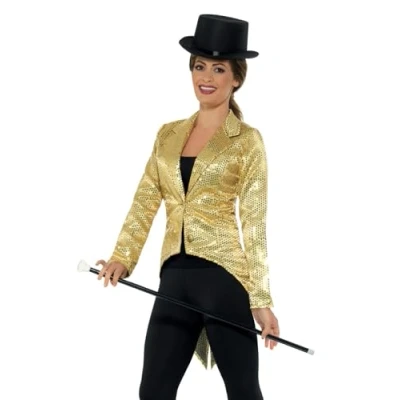 Image of Smiffys 21229L Sequin Tailcoat Ladies Jacket , Gold, L UK Size 16 18
