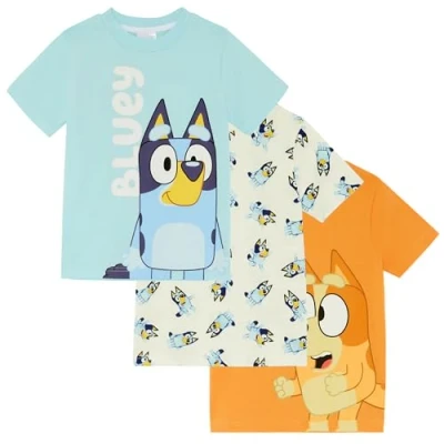 Image of Bluey Boys Three Pack 100% Cotton Oversized Shoulders T Shirts Bingo 7 8 Years