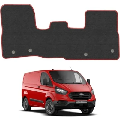 Image of Carpet Floor Mats for the Ford Transit Custom (2013 2024 GEN1) [Only suitable manual gearbox] Van Accessory Tailored fit, Granulated Anti Slip Layer &amp; Red Binding