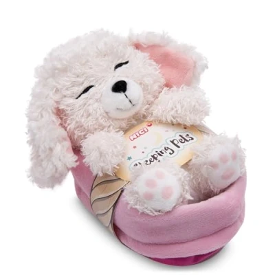 Image of NICI cuddly toy dog Poodle white 12cm, sleeping in basket, Plush to cuddle and love, Sustainably produced from recycled materials 49749