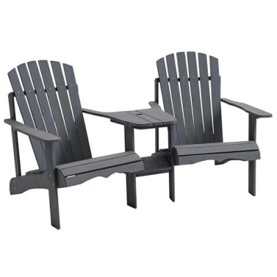 Image of Outsunny Wooden Outdoor Double Adirondack Chairs Loveseat w/Centre Table and Umbrella Hole, Garden Patio Furniture for Lounging Relaxing, Dark Grey