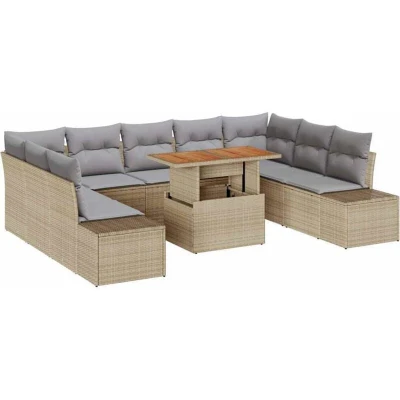 Image of vidaXL 10 Piece Garden Dining Set with Cushions Beige Poly Rattan Acacia