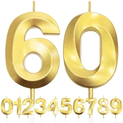 Image of 60th Birthday Candle, 3D Design Gold Glitter Number Candles, Cake Topper Decorations, Candle for Party, Wedding Anniversary, Baby Shower, Party Decoration
