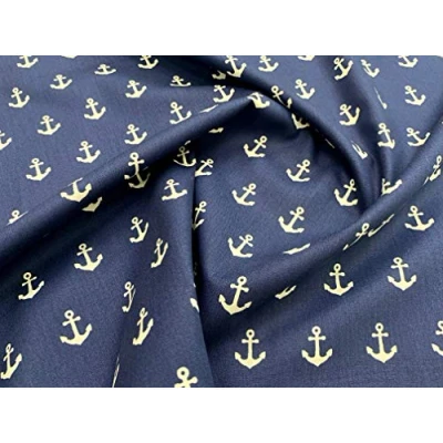 Image of White Anchors on Navy Blue Cotton Fabric 100% Craft Material 58&quot; 148 cm by The Metre