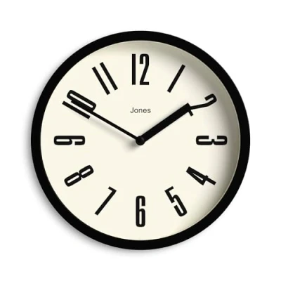Image of Jones Clocks® Hot Tub wall clock small retro round 20cm Black Easy to read numbers Ideal for kitchen, office, children’s room or any space