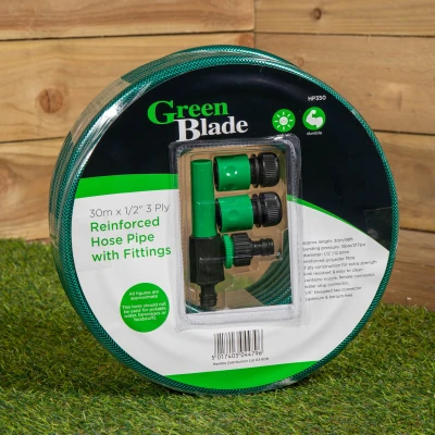 Image of 30m Reinforced Garden Hose Pipe / Hosepipe in Green with Fittings