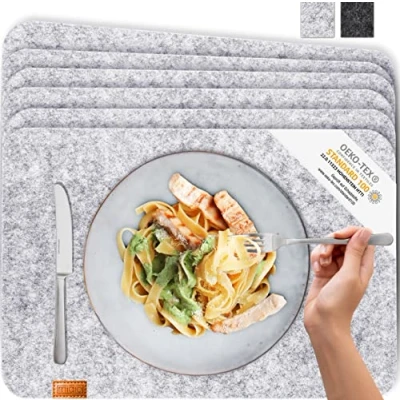Image of MIQIO® Scandi Style Felt Place Mats &amp; Leather Washable Set of 6 Placemats 44x30 cm Table for Decoration Light Grey