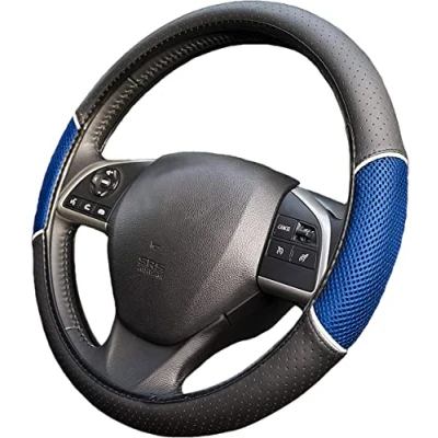 Image of UKB4C Car Blue &amp; Black Leather Look Steering Wheel Covers Universal 15 inch Breathable Anti slip Sleeve Protector