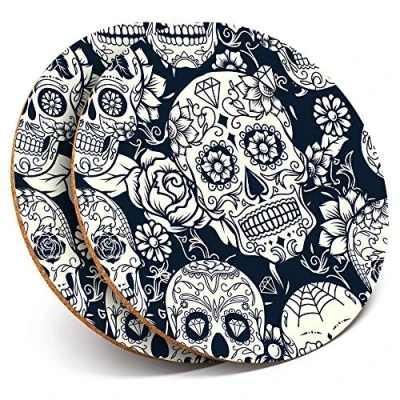 Image of 2 x Round Coasters Sugar Skulls Pattern Mexican Mexico Cork Backed Home Kitchen Accessory Tea Coffee Mug Mat #8524
