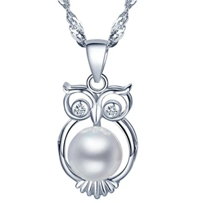 Image of Yumilok Jewelry 925 Sterling Silver Cubic Zirconia Pearl Lovely Owl Pendant Necklace for Women/Girls