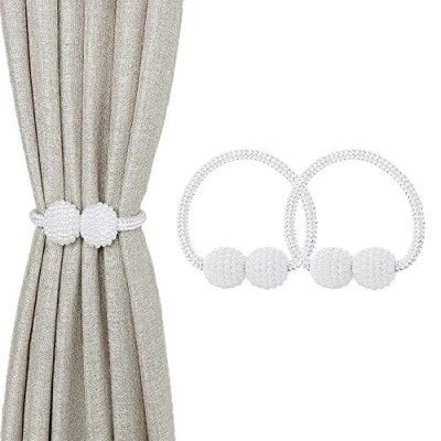 Image of Magnetic Curtain Tie Backs, Clips Rope Holder Buckles Small Bead Buckle Holders for Home Office Hotel Window Decoration (2 PACK, White)