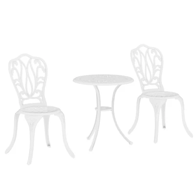 Image of Outsunny 3 Piece Garden Bistro Set, Cast Aluminium Outdoor Furniture Set with Umbrella Hole for Balcony, Porch, Patio, White