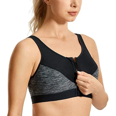Image of SYROKAN Women&#039;s Sports Bra High Impact Front Fastening Zipper Wireless Post Surgery Support Workout Heather Grey 42C