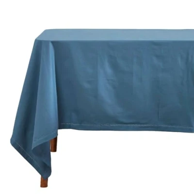 Image of HOMESCAPES Blue Table Cloth, Plain Cotton Tablecloth, Rectangular, Handcrafted &amp; Durable Dining Cover with Hem Stitch, Hypoallergenic, Washable, Air Force 137 x 178cm