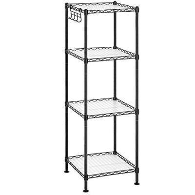 Image of SONGMICS Bathroom Shelf, 4 Tier Wire Shelving Unit, Metal Storage Rack, Total Load Capacity 80 kg, with PP Sheets, Removable Hooks, 30 x 102 cm for Small Space, Black LGR104B01