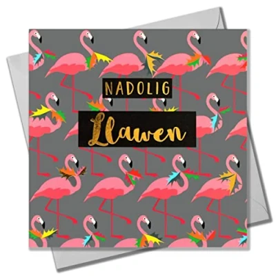 Image of Welsh Christmas Card, Flamingoes and Holly, text foiled in shiny gold