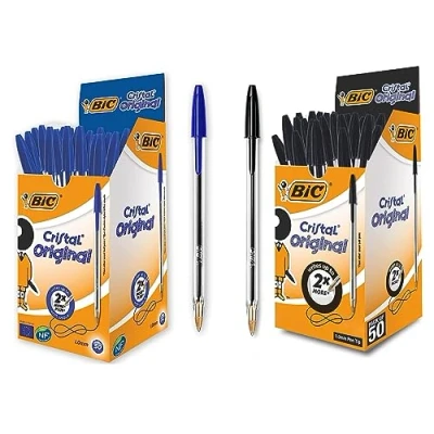 Image of Bic Cristal Original Smudge Free Ballpoint Medium Point (1.0mm) Pens, Black, Pack of 50 (1.0 mm) Blue,