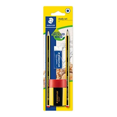 Image of STAEDTLER 121 511BKD Noris School Graphite HB Pencil Study Set (Pack of 2 Pencils, Eraser + Tub Sharpener)