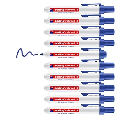 Image of edding retract 11 permanent marker blue box of 10 bullet nib 1.5 3 nm waterproof, quick drying for easy single handed operation cardboard, plastic, wood, metal, glass