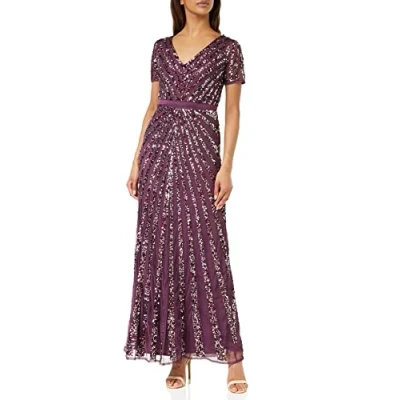 Image of Maya Deluxe Women&#039;s Maxi Ladies Embellished Sequin Dress Long Short Sleeve V Neck High Empire Waist A Cut Shiny Prom Wedding Bridesmaid, Berry, 16