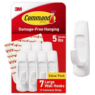 Image of Command Large Utility Hooks, Damage Free Hanging Wall Hooks with Adhesive Strips, No Tools for Christmas Decorations, 7 White and 12 Strips