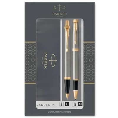 Image of Parker IM Duo Gift Set with Ballpoint Pen &amp; Rollerball Pen, Brushed Metal Gold Trim, Black Ink Refill Cartridge, Box,package may vary