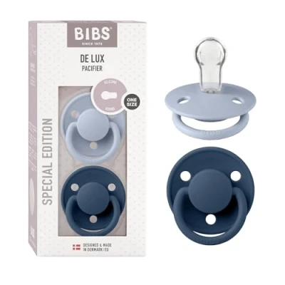Image of BIBS De Lux Soother 2 Pack, BPA Free Dummy Pacifier, Round Nipple. Silicone, Made in Denmark. 0 36 Months (Pack of 2), Dusty Blue/Steel Blue