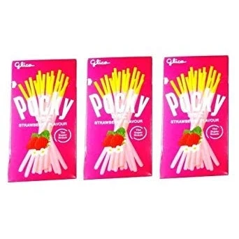 Image of 3 Packets Thai Food Super Snacks Glico Brand Pocky Strawberry Flavour 45g