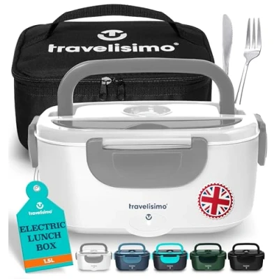 Image of TRAVELISIMO Electric Lunch Box Food Heater 80W Heated 1.5L Warmer Container Hot in Car Truck &amp; Office, 12V/24V/230V Boxes for Adults, Stainless Steel