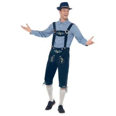 Image of Smiffys Deluxe Traditional Rutger Bavarian Costume, Blue with Lederhosen &amp; Shirt, Oktoberfest Fancy Dress, Adult Dress Up Costumes