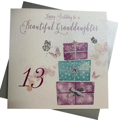 Image of white cotton cards 1 Piece Happy Birthday To A Beautiful Granddaughter Extra Large 13th Card, Pink Present, 22cm x