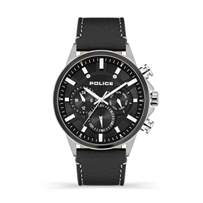 Image of Police Kismet Mens Multifunction Watch with Black Dial and Leather Strap, 47mm Stainless Steel Case in Branded Box PEWJF2195141 2 Year Warranty