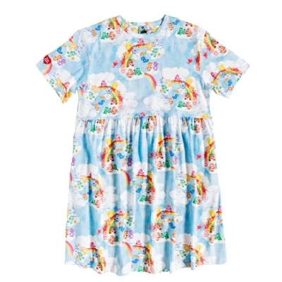Image of TruffleShuffle Care Bears Cloud Scene Smock Dress Blue 95% Cotton Perfect for 80s Movie Fans