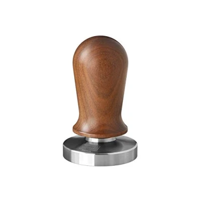 Image of scarlet espresso perfetto tamper for barista; calibrated to 40 lbs contact pressure; with ergonomic, Black anodised aluminium handle and precision made stainless steel base; heavy design 57MM