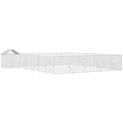 Image of vidaXL Outdoor Dog Kennel with Roof 12x12x2.5m Galvanised Steel, Silver Spacious and Versatile Enclosure for Dogs Small Animals, Lockable Door Weather resistant Cover