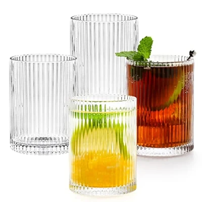 Image of Quyimy Gin Glasses Ripple Highball Drinking Set of 4 Cocktail Tall stemless Vintage Ribbed Glassware, Ideal for Coffee Soda Juice Rum, 266ML/6.5oz, Origami Style